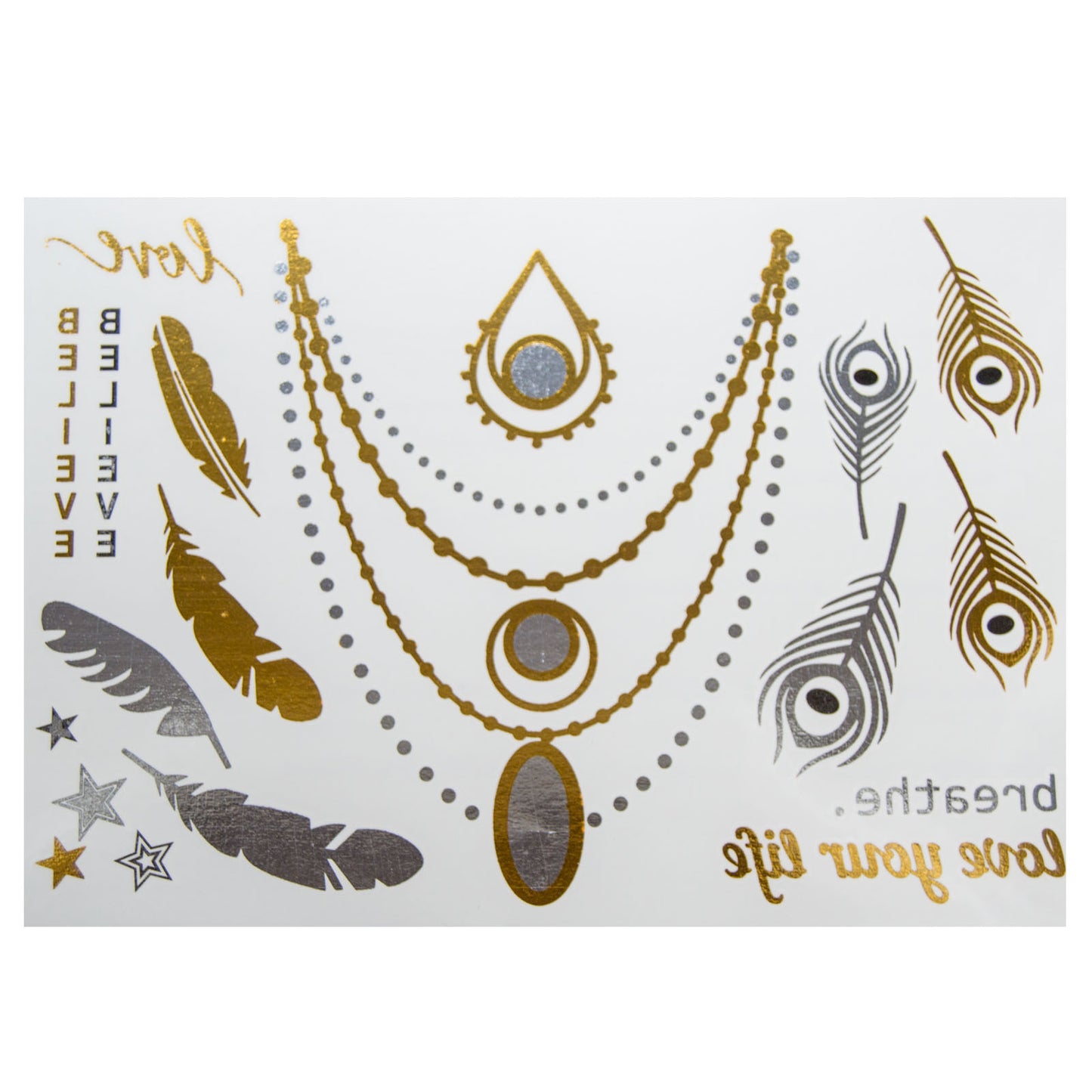 Flash Tattoo Schmuck und Federn gold/silber 16-teilig Gold Henna temporäres Tattoo